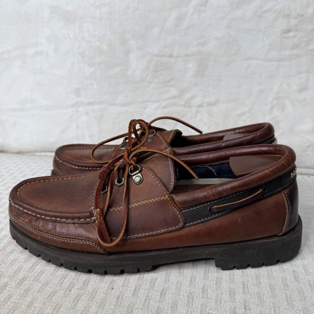 Nautica Mens Brown Leather Boat Shoes 12M lace-Up